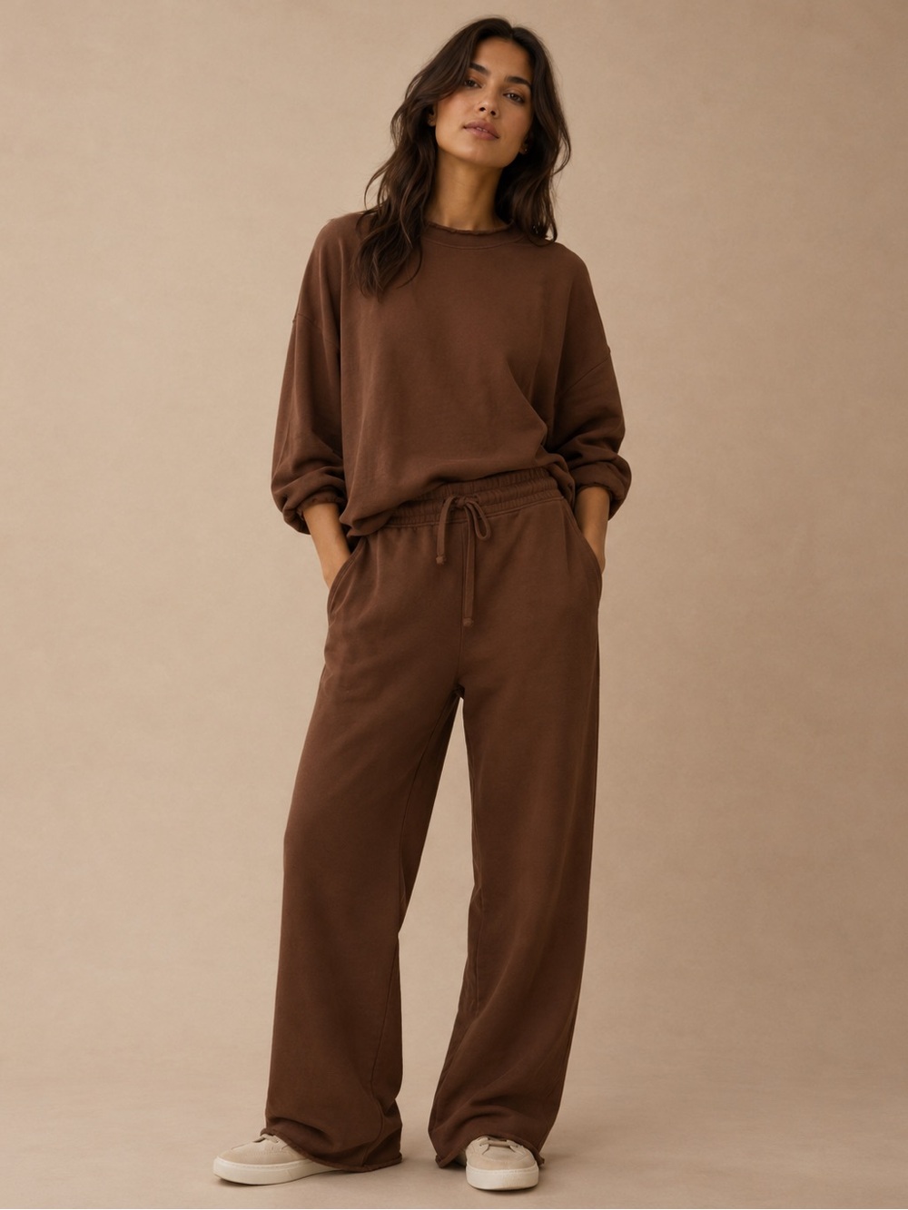 Frank & Eileen Brown Matching Lounge Set Large Sweatshirt Wide Leg Pants 2 Piece